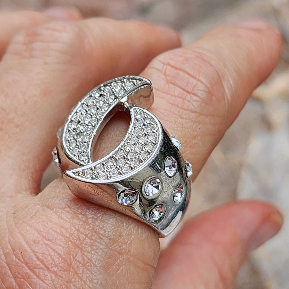 Statement Silver Ring White Crystals Macy's 2 Moon Cocktail Ring - Picture 6 of 15